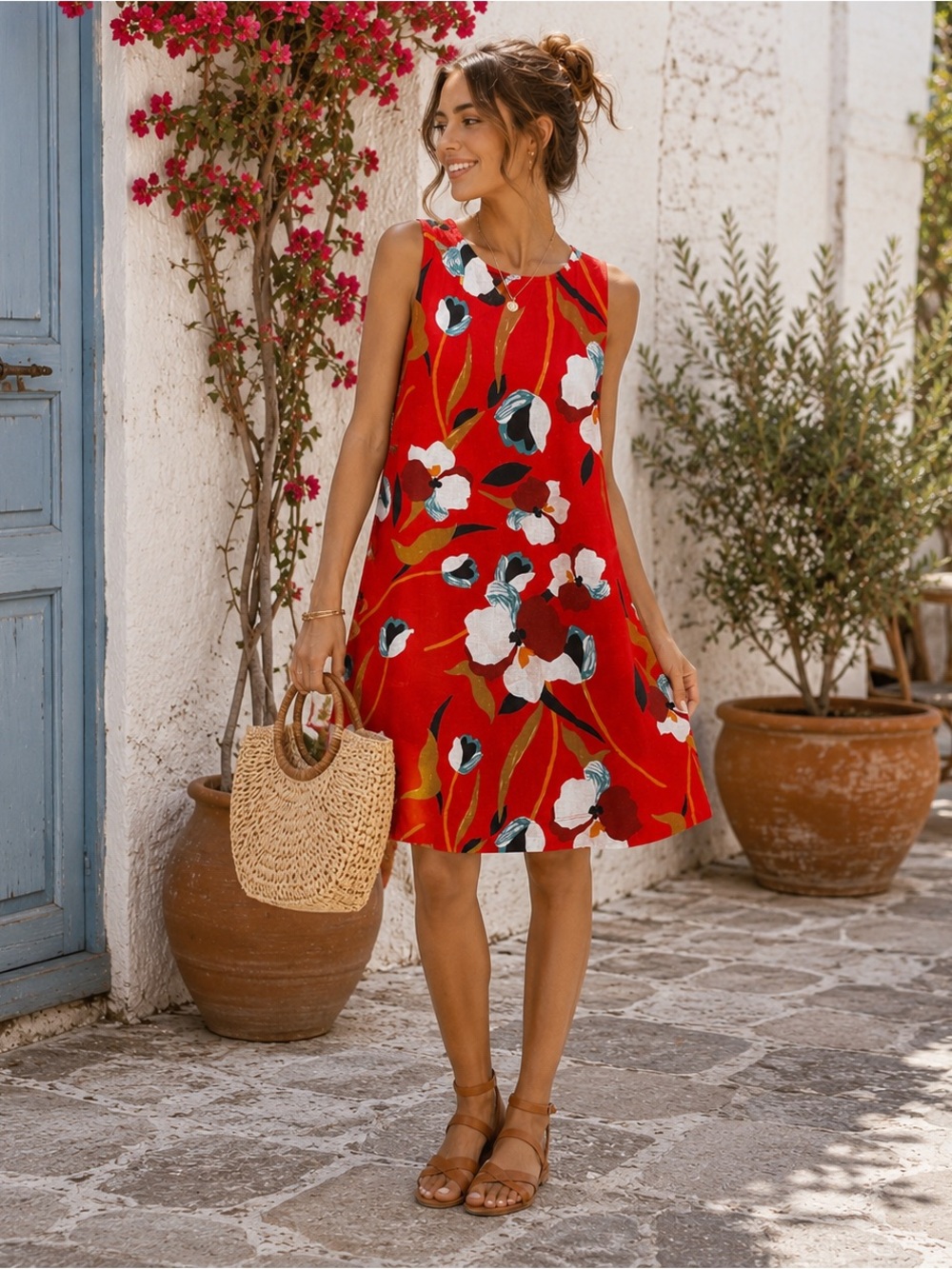 Sigrid Olsen 100% Linen Floral Shift Dress XS‎ Red Sleeveless Resort